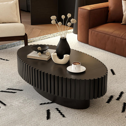 KEIKI 43.31'' Oval Coffee Table, Handcrafted Relief Sturdy Pedestal, Wooden Olive-Shaped Tea Table, Modern MDF & Solid Wood, Open Storage, Easy Assembly for Living Room, Black