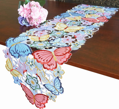 Easter Table Runner, Spring Embroidered Butterfly Applique Floral Cutwork, 13"×68"