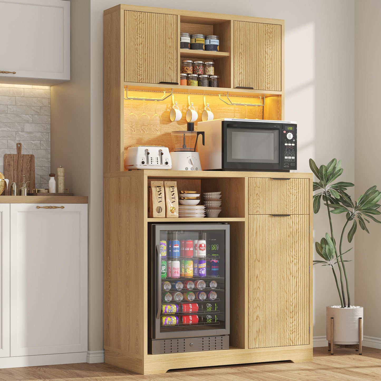 kepptory 72" Mini Fridge Cabinet with Storage, Coffee Bar Cabinet with Mini Fridge, Tall Coffee Bar Station with RGB LED Light, Wine Glass Holder, for Home Kitchen Living Room, Retro