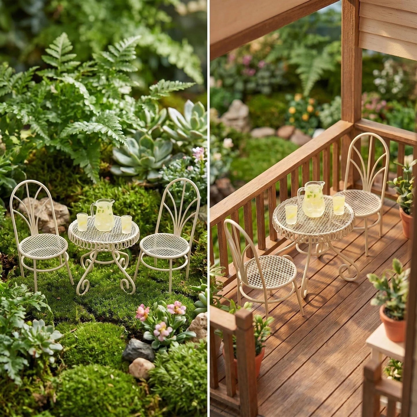 6 PCS Dollhouse Miniature Bistro Table & Chairs Set with Lemonade Pitcher and Cups 1 12 Scale Fairy Garden Kitchen Decoration Accessories