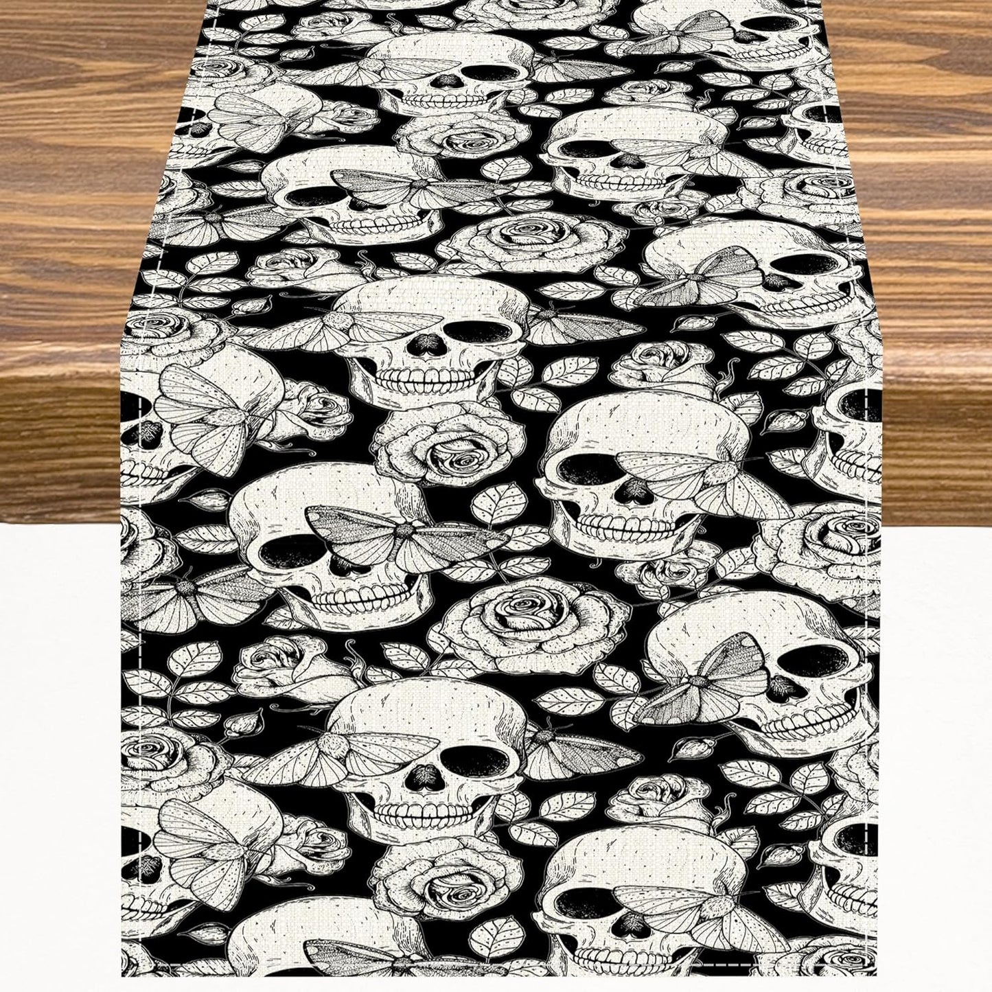 13x36 inches Gothic Table Runner White Skull Flowers Moth Pattern Table Runner Table Cloth Decoration Dresser Garden