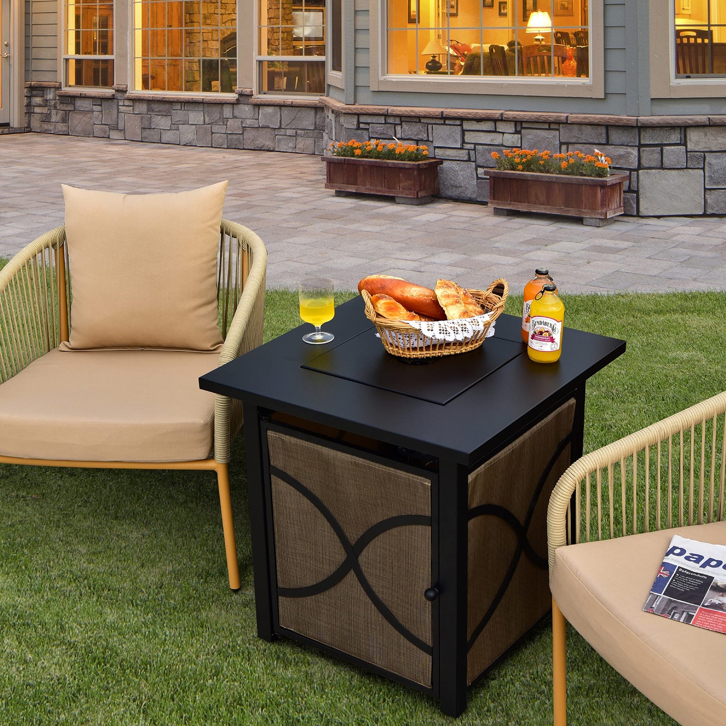 COOURIGHT Propane Fire Pit Table, 25" 40000 BTU Wicker-Look Square Fire Pits w/Lid, Fire Glass, Auto Ignition, Adjustable Flame, CSA Approved, Outdoor Steel Fire Table for Patio, Garden, Backyard