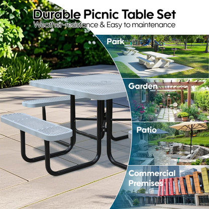 Sunnibety 8-Person Picnic Tables for Outdoors, Industrial 46" Expanded Metal Square Picnic Table with 4 Benches & Umbrella Hole, Outside Table and Bench Set for Garden, Backyard, Porch, Patio, Grey