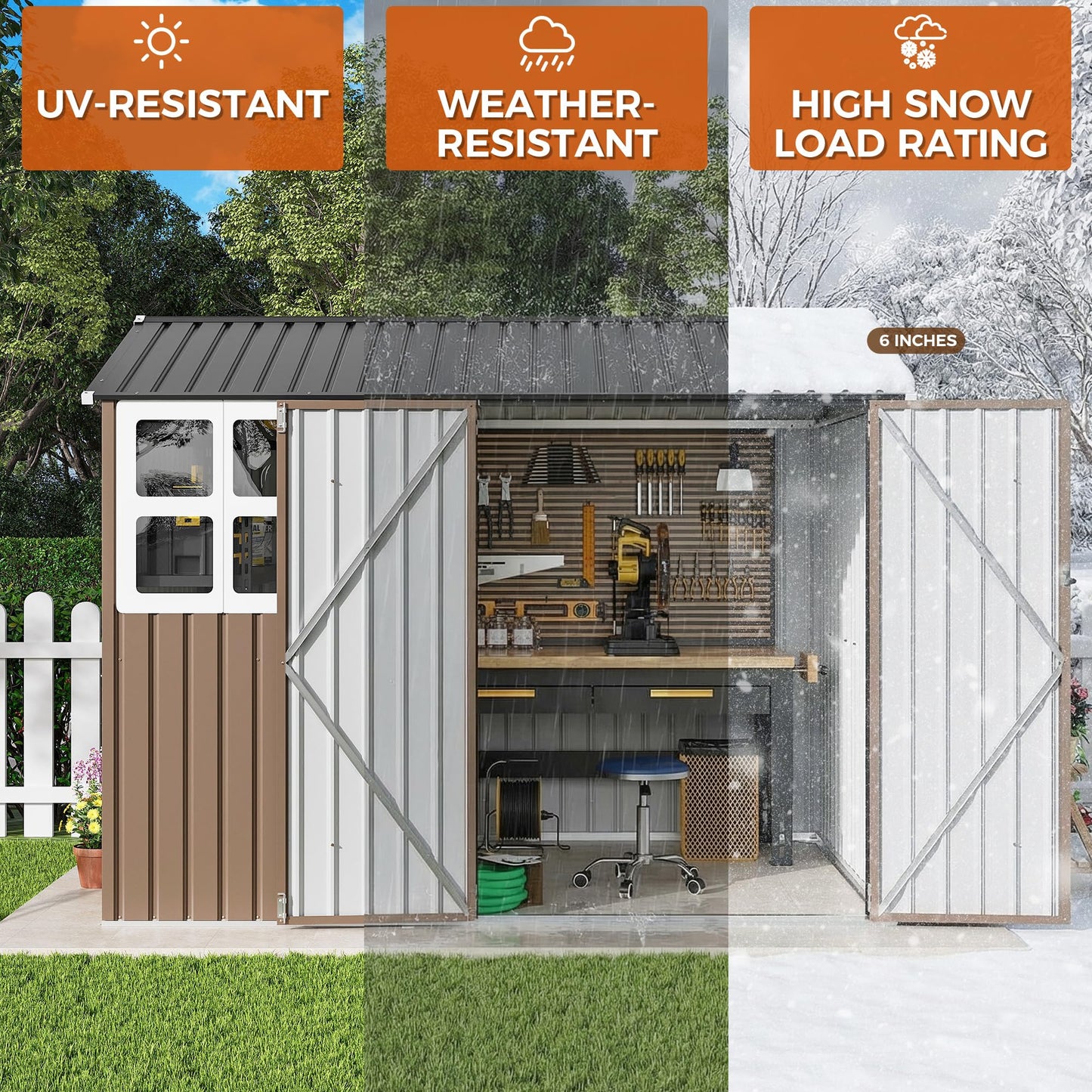 IRONCK 8x6FT Outdoor Storage Shed with Clear Window, Tool Shed with Breathable Vent and Lockable Doors, Metal Garden Storage for Poolside, Patio, Backyard, Brown