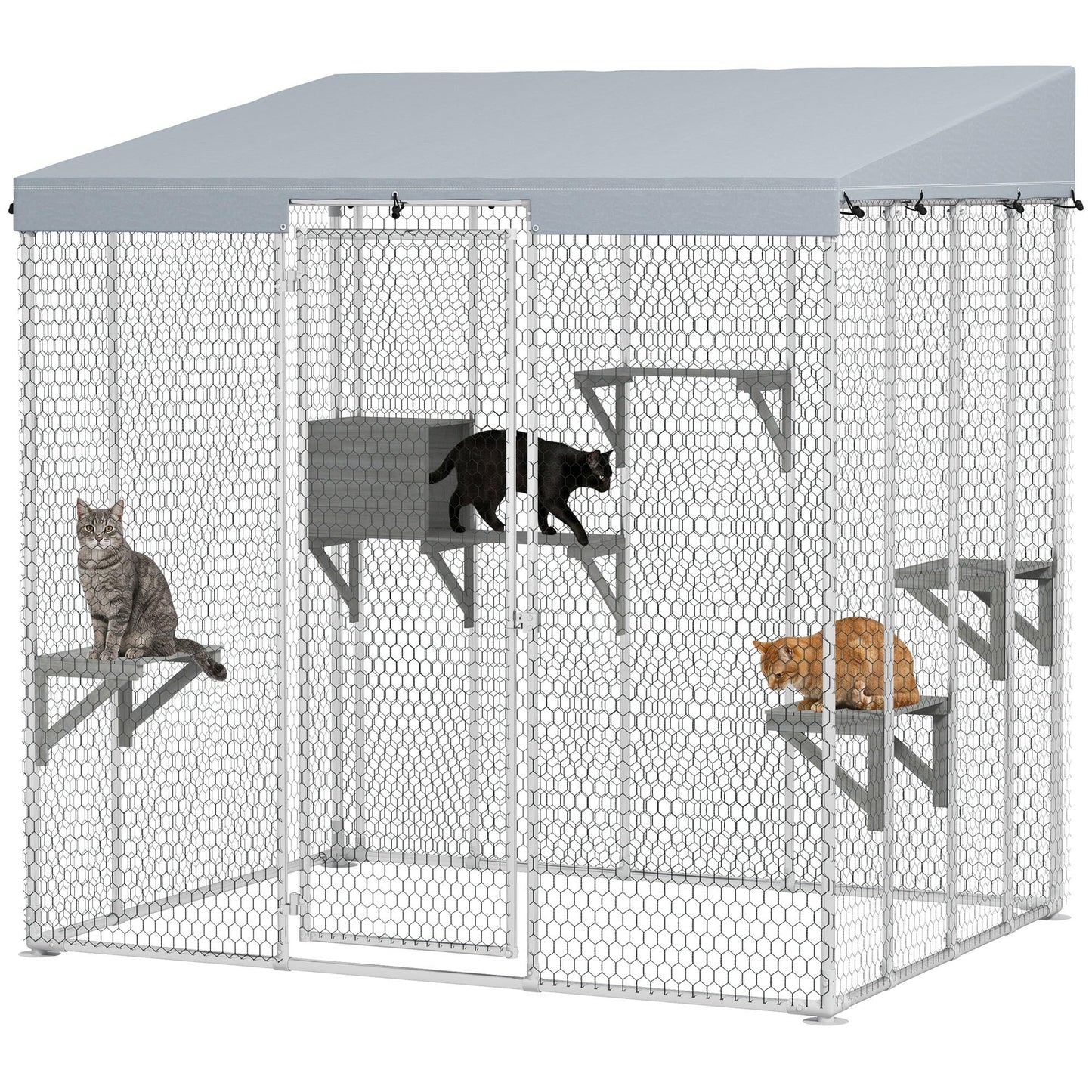 PawHut Catio Outdoor Cat Enclosure, 79" Large Walk-in Cat House with Waterproof Cover, Resting Box, 5 Jumping Platforms, Chicken Run Coop, Rabbit Hutch, Feral Cat Shelter Sloped Roof