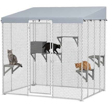 PawHut Catio Outdoor Cat Enclosure, 79" Large Walk-in Cat House with Waterproof Cover, Resting Box, 5 Jumping Platforms, Chicken Run Coop, Rabbit Hutch, Feral Cat Shelter Sloped Roof