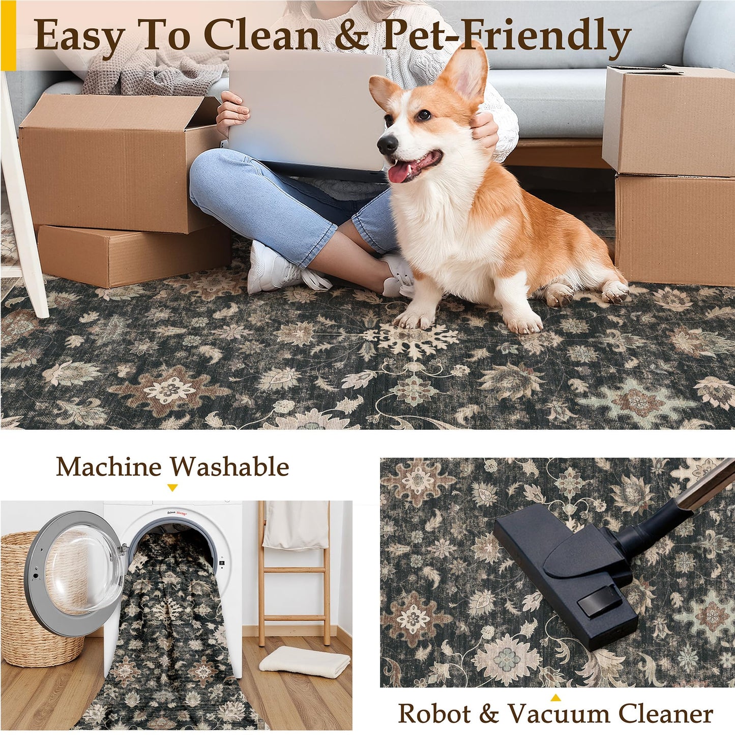 HUGEAR 2x6 Runner Rug Hallway Vintage Black Machine Washable Retro Floral Low Pile Carpet Vacuumable Distressed Long Throw Rug Bedroom Office Bathroom Kitchen Farmhouse Playroom Non Slip