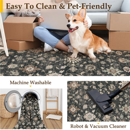 HUGEAR 2x6 Runner Rug Hallway Vintage Black Machine Washable Retro Floral Low Pile Carpet Vacuumable Distressed Long Throw Rug Bedroom Office Bathroom Kitchen Farmhouse Playroom Non Slip