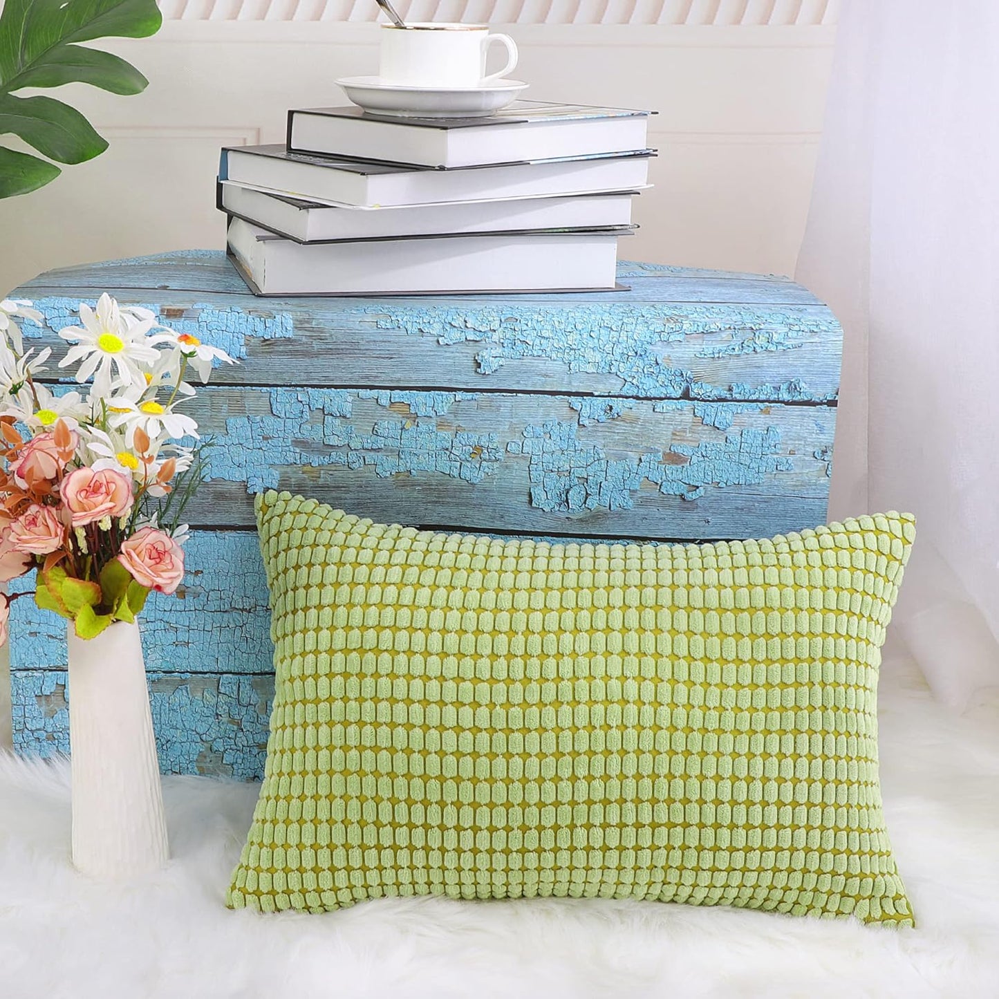 uxcell Soft Corduroy Throw Pillow Cover, Corn Striped Decorative Cushion Cover, 12" x 18", Pale Green