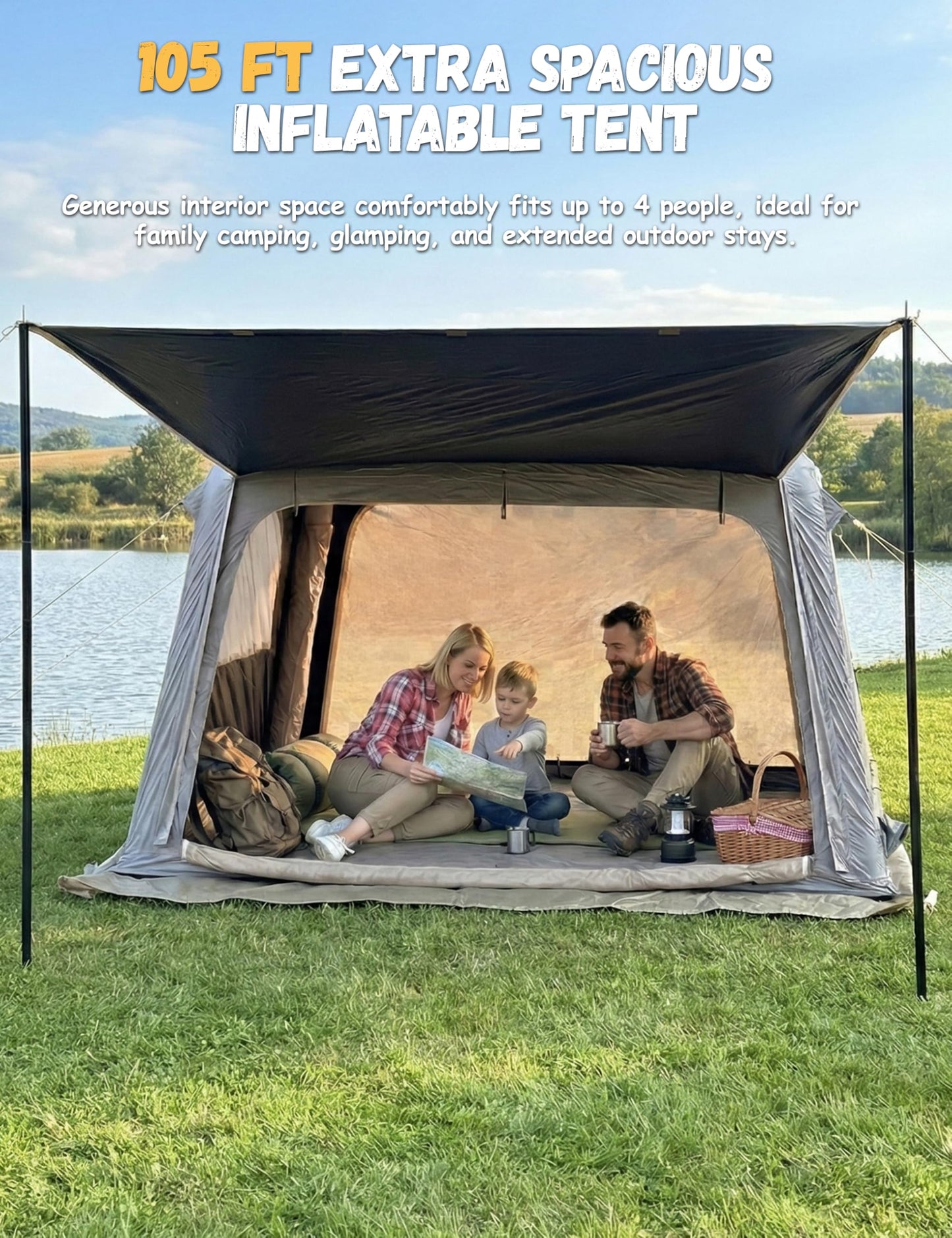 Blackout Inflatable Camping Tent with Awning, Waterproof Oxford Fabric Air Tent, Quick Setup Blow Up Tent with Hand Pump, 4 Person 4-Season Tent with 3x3M Ground Tarp for Camping Glamping