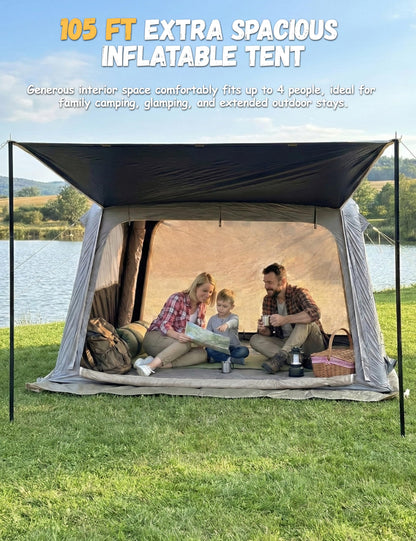 Blackout Inflatable Camping Tent with Awning, Waterproof Oxford Fabric Air Tent, Quick Setup Blow Up Tent with Hand Pump, 4 Person 4-Season Tent with 3x3M Ground Tarp for Camping Glamping