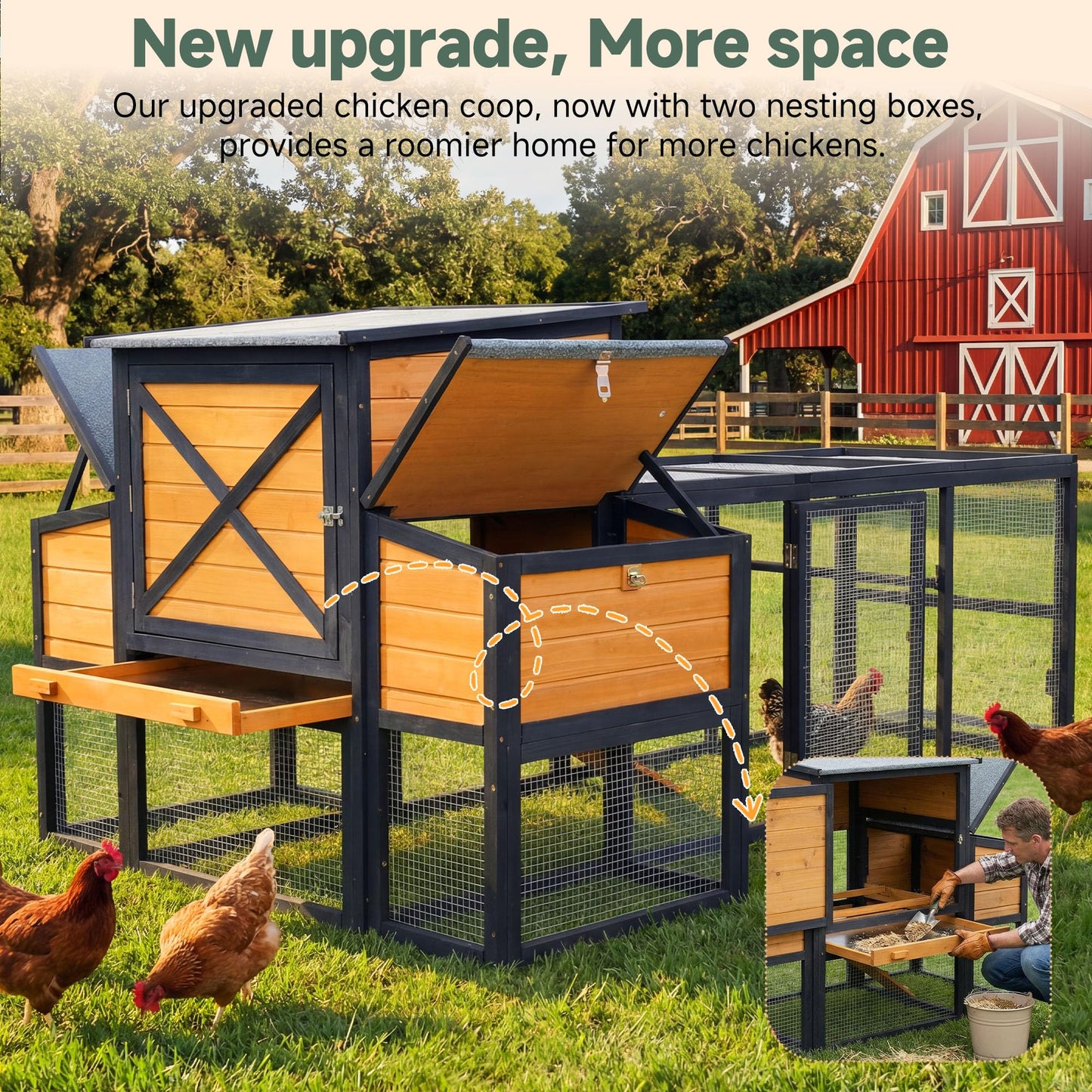 RUNSHED 83" Large Wooden Chicken Coop with Run, Outdoor Chicken House for 4-6 Chickens, Ventilation Window & Sliding Doors, Waterproof Felt Roof, Easy-Clean Full Rear Door, Predator-Proof Latches