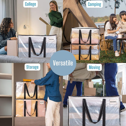 VENO 2 Pack Moving Bags, Heavy Duty Totes with Lids, Extra Large Packing Storage Boxes, Sturdy Handles, Zipper (Clear