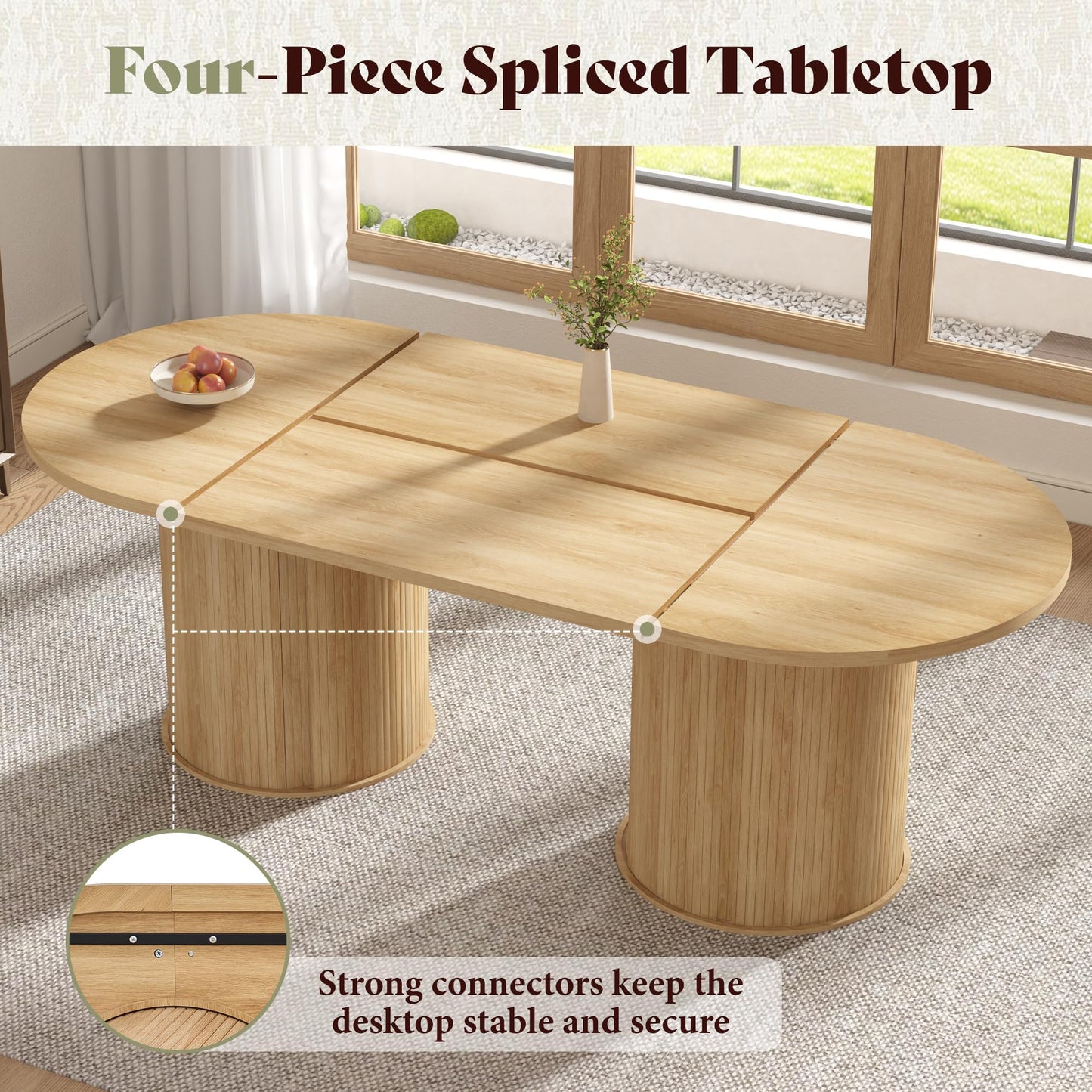 AMERLIFE 86.6" Modern Oval Dining Table with Hidden Storage, Extra Long Wooden Dining Room Table with Cylindrical Fluted Base, Seats 6–8, Natural Wood