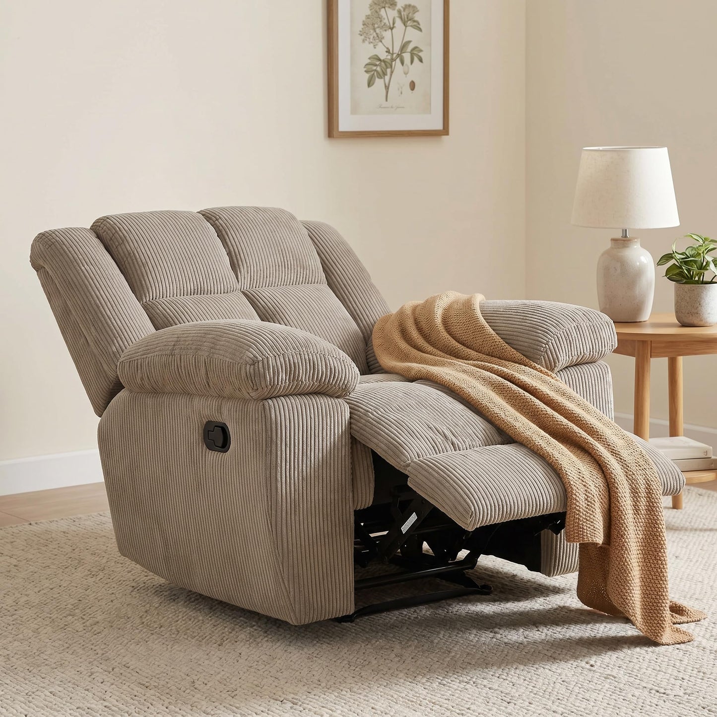 Trygoal Manual Recliner Chair, Nursery Rocking Chair, Lazy Boy Recliner Chair for Adults, Gaming Recliner wih Overstuffed Arms, Suitable for Home Theater, Living Room, Bedroom, Beige