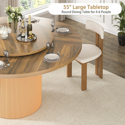 55 Inch Round Dining Table for 6 with Lazy Susan, Modern Farmhouse Kitchen Table with Wood Strip Base for Dining Living Room, Brown