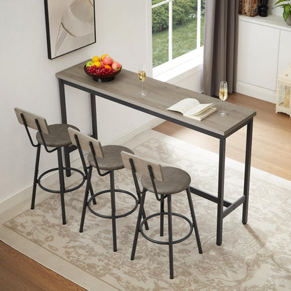 KEIKI Long Bar Table Set with 3 PU Upholstered Bar Stools, Industrial Counter Height Dining Table and Chair Sets for Kitchen, Living Room, Small Space, Grey
