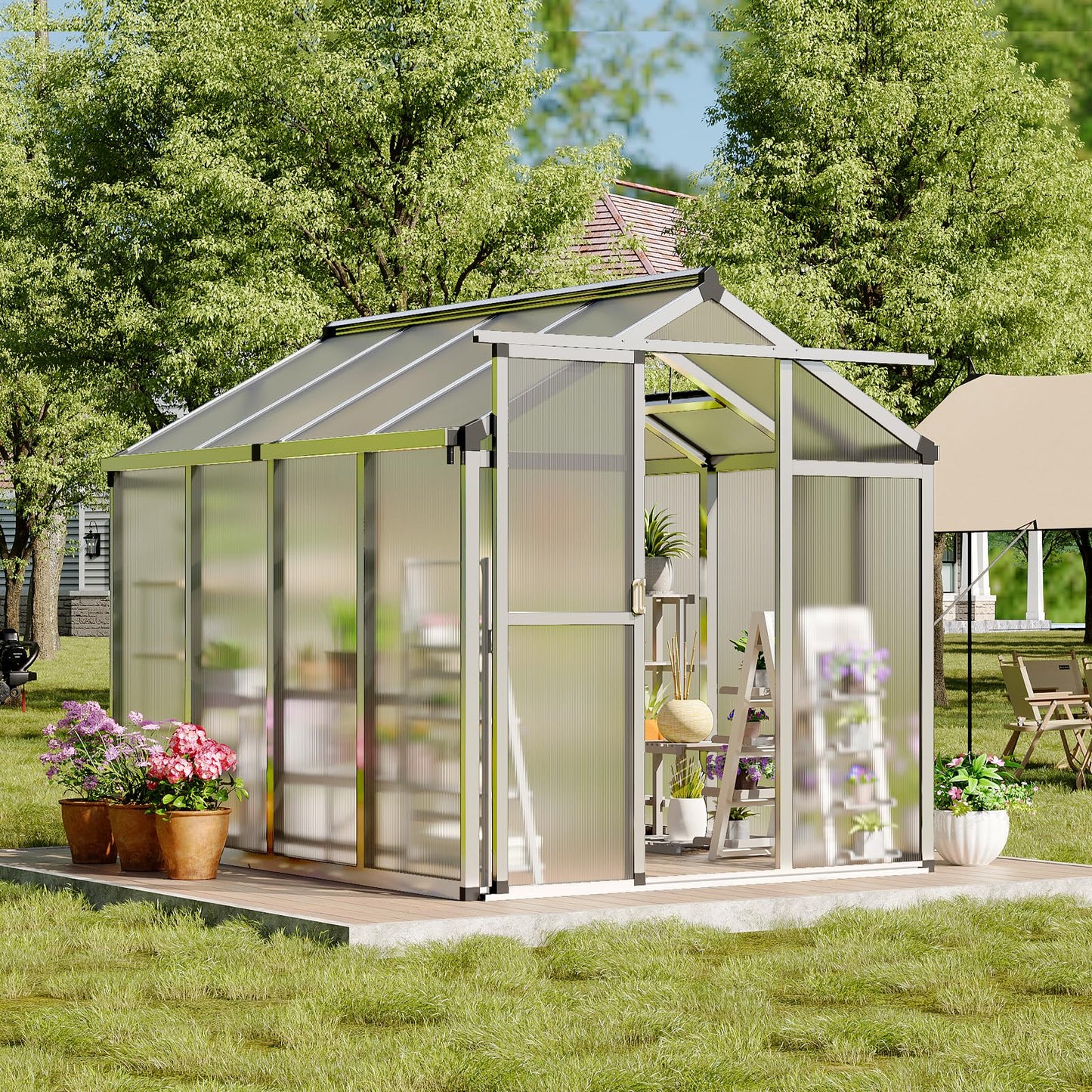 Greenhouse, 6x8 Ft Outdoor Greenhouses, Accessible Green House with Roof Vents and Sliding Doors, Aluminum Frame Polycarbonate Greenhouses, Large Greenhouse for Outdoor Gardens and Backyards, Silver