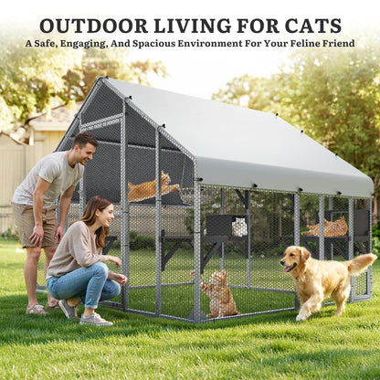 YITAHOME 94 Inch Outdoor Cat Enclosure, Extra Large Outdoor Cat House for Multiple Cats, Metal Cat Cage with Weatherproof Roof, 7 Platforms, 2 Resting Box and Cat Hammock Bed