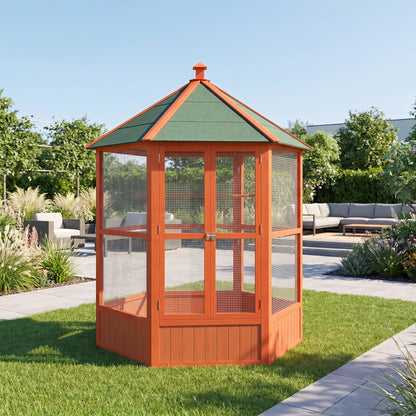 PawHut 69" Large Wooden Hexagonal Outdoor Aviary Flight Bird Cage with Covered Roof, Brown