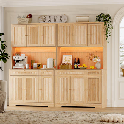 BORNOON Pantry Cabinet with Charging Station and Light, Tall Kitchen Pantry Storage Cabinet with Microwave Stand, Wide Fluted Kitchen Hutch with Storage Drawers and Adjustable Shelves for Dining Room