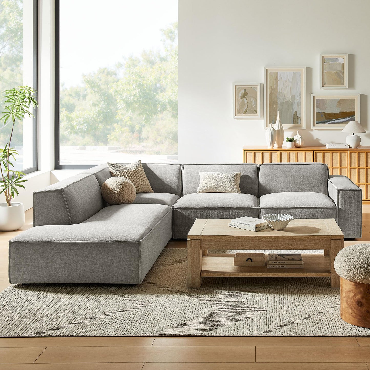 Modway Restore Performance Fabric Upholstered 4-Piece Modular L-Shaped Sofa in Pewter – Sectional Couch with Right-Facing Armchair, Armless Chair, Corner Chair, and Left-Facing Chaise