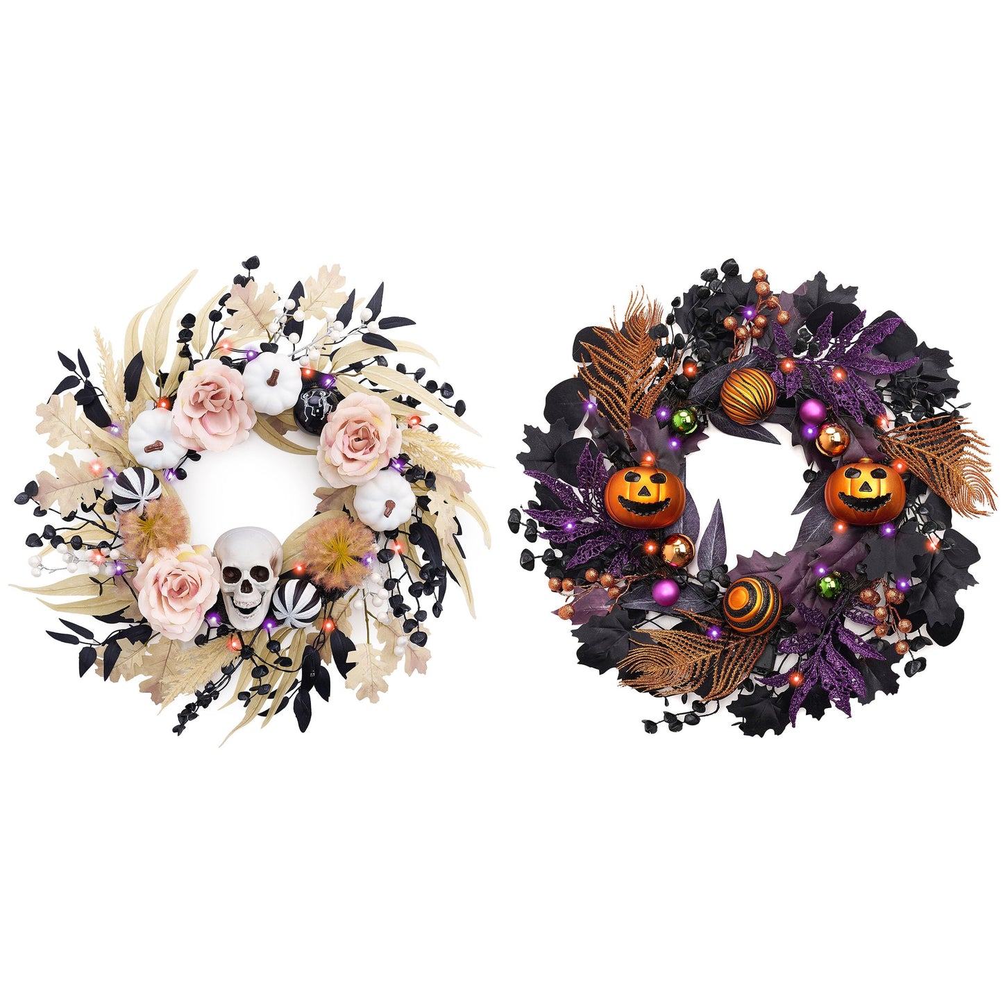 Valery Madelyn 18 Inch Halloween Wreath for Front Door with Lights, Pre-Lit Fall White Pumpkin Skull Wreath Pink Roses Halloween Decorations for Home Porch Table Centerpiece Party Holiday Autumn Decor