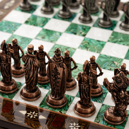 15'' Wooden Chess Set with Metal Chess Pieces – Handmade Storage Chess Board & British Metal Pieces – Elegant Chess Gift for All Ages – Gift for Him (Green)