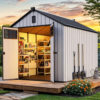 YITAHOME Large Outdoor Storage Shed 8x10 Ft, Extra Thick Plastic Storage Sheds with Floor, Lockable Doors, Vision Grid Windows, Vents, 16mm Heavy Duty Garden Storage for Bikes Mowers and Tools, Gray