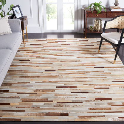 SAFAVIEH Studio Leather Collection Area Rug - 6' Square, Tan & Ivory, Handmade Mid-Century Modern, Ideal for High Traffic Areas in Living Room, Bedroom (STL218B)