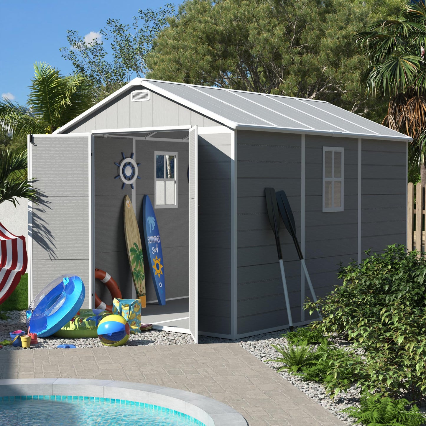 UDPATIO Resin Storage Shed 7.5x10.7 FT, Outdor Plastic Shed for Garden Tools Pool Equipment, Outside Sheds with Lockable Door for Backyard, Patio, Lawn, Grey & White