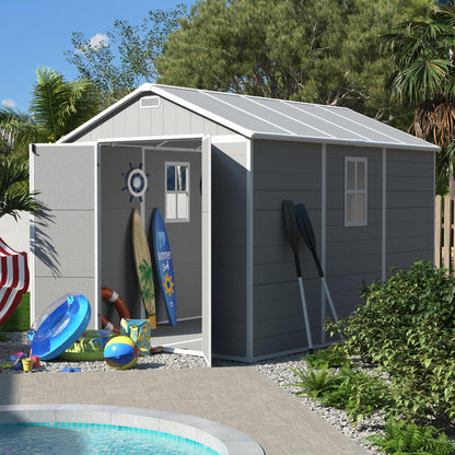 UDPATIO Resin Storage Shed 7.5x10.7 FT, Outdor Plastic Shed for Garden Tools Pool Equipment, Outside Sheds with Lockable Door for Backyard, Patio, Lawn, Grey & White