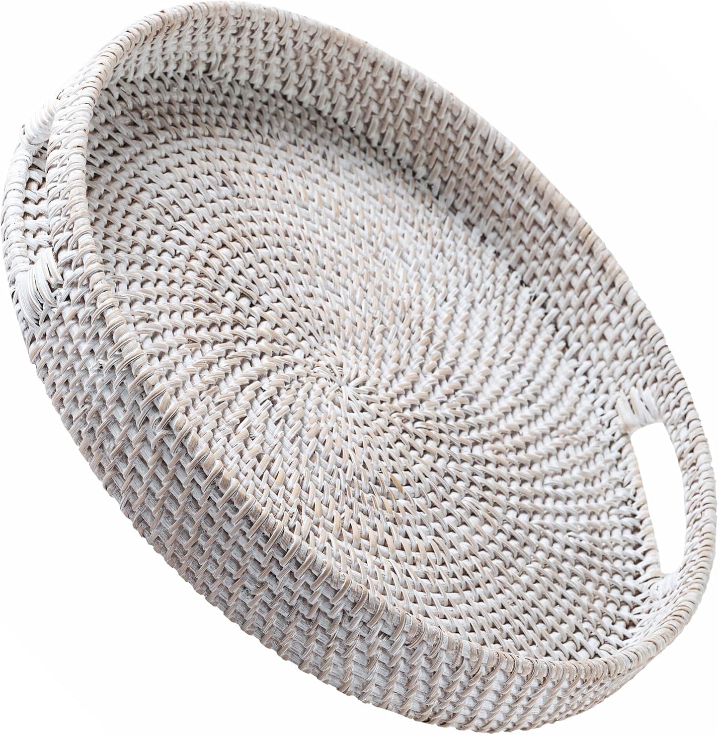 14 Counter JUNGLE CULTURE Handmade Round Wicker Tray Whitewashed Large Decorative Rattan Serving Basket for Coffee