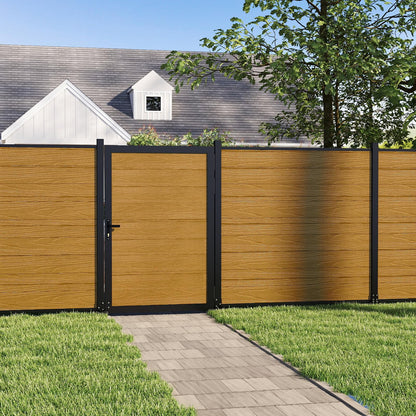 Mondaria Wood Plastic Composite Gate for Privacy Fence 6ft(H)*4ft(W), Fence Gate with Metal Frame and Knob Kits, Yellow Teak (Without Post)
