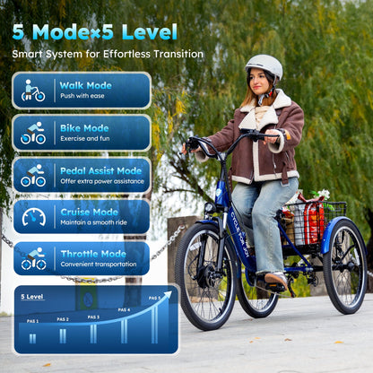 RegalRider Electric Tricycle for Adults, 7-Speed Electric Trike with 48V 624WH Removable Battery, 70Miles Long Lasting Range in PAS 1, 18.6Mph Max, 3 Wheel Electric Bike, Dual Disc, 24"