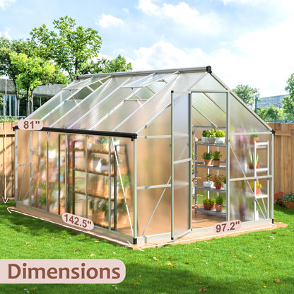 AirWire 8×12 FT Walk-in Greenhouse for Outdoors, Polycarbonate Greenhouse Kit with Roof Vent, Large Heavy Duty Green Houses for Outside Backyard Patio Garden, Sliver