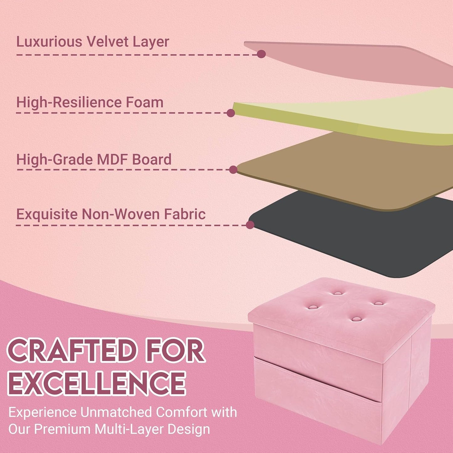 16"x12"x12" ZOES HOMEWARE Small Storage Ottoman Foot Rest, Velvet Ottoman with Storage and Side Pocket, Pink Foot Rest