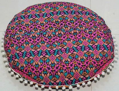 22 Inches Round Mandala Floor Pillow Cover Seating Cushion Throw Cover Ottoman Pouf Cover Pom Pom Pillow Cases Hippie