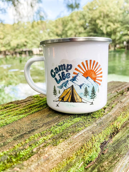 Camp Life Enamel Campfire Mug, 12oz Outdoor Coffee Cup, Mountain Nature Hiking Lover Gift