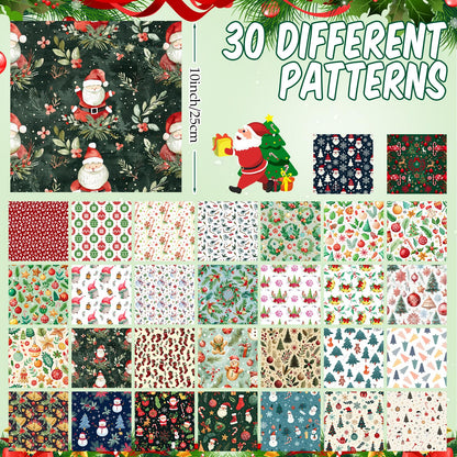 Tatuo 30 Pcs 10 x 10 Inches Christmas Cotton Fabric Bundle Squares Patchwork Floral Fabric Sewing Quilting Bundles Assorted Pattern Cloth for DIY Scrapbook Craft Making
