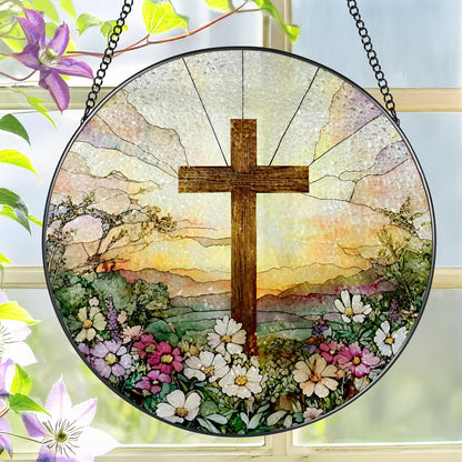 Skiennix 8-Inch Stained Glass Cross Suncatcher - Beautiful Wildflower Design for Home Decor