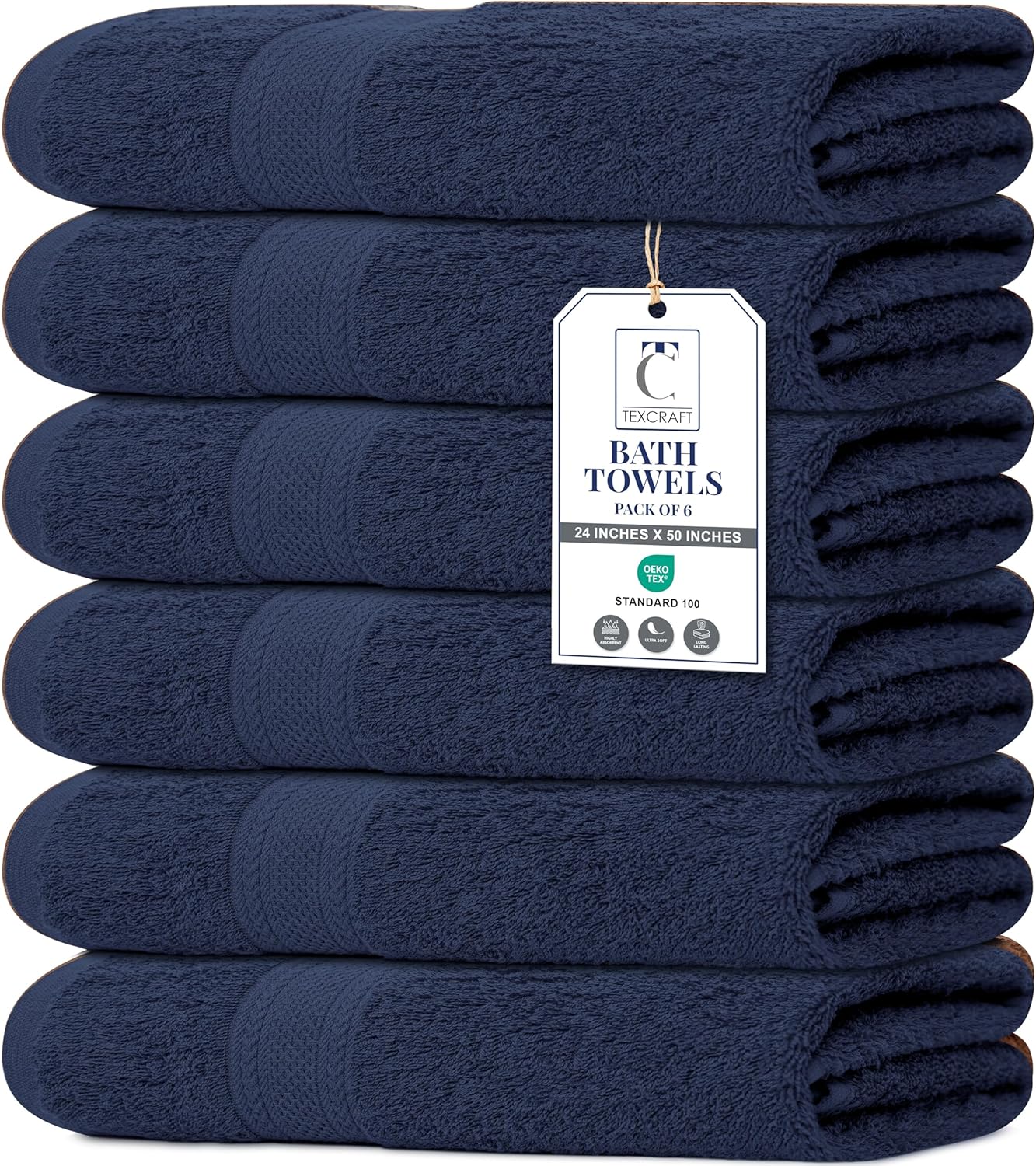 Set 6 100% 24" 50" Large Bath Towels of Cotton Terry x Quick Dry, Soft & Highly Absorbent Navy Blue Towels