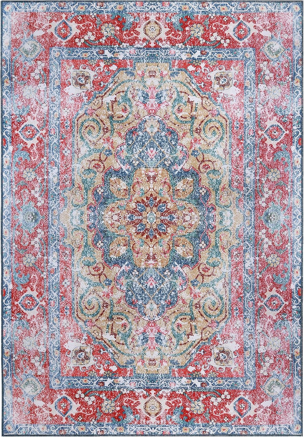 Superior Medallion Washable Rug, Non-Skid Backing, Pet & Kid Friendly, Easy Care, Non-Slip Rugs for Dining, Living Room, Kitchen, Bedroom, Low Pile Area Rug, Tanager Collection, 10' x 14', Red