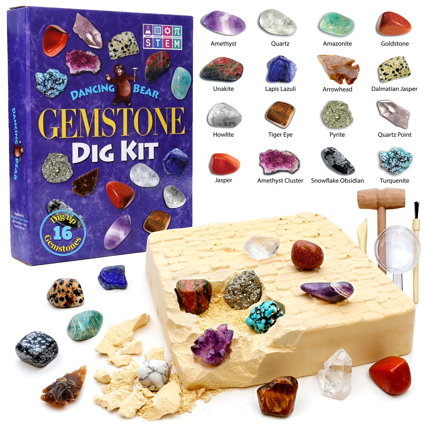 DANCING BEAR Gem stone Dig Kit, Excavate 16 Real Gems & Crystals including Arrowheads, Quartz Point and Amethyst, STEM Education for Kids, Fun Rock Mining Science Activity Gift Sets for Girls and Boys