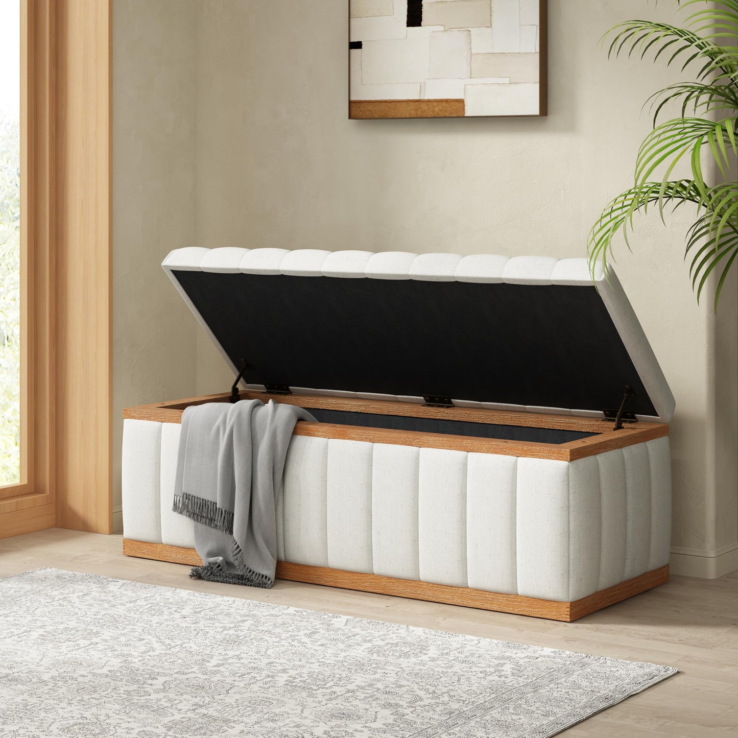 Christopher Knight Home Kira Living Room Ottoman with Storage, Linen Upholstered Storage Ottoman Bench with Channel-Tufted Design, Wood Frame Sofa Foot Stool, Bedroom End of Bed Bench, Beige
