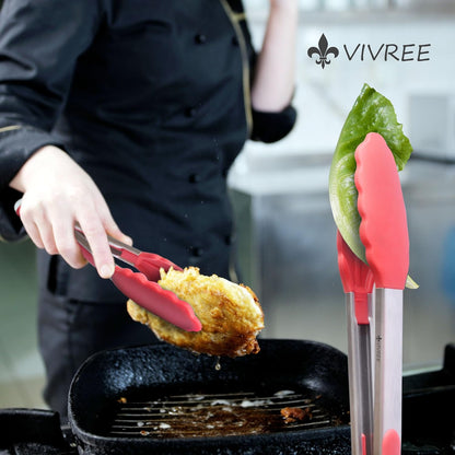 MEKBOK Kitchen Tongs Set - Stainless Steel Salad & Grill Tongs with Silicone Tips, 9" & 12" (Red)
