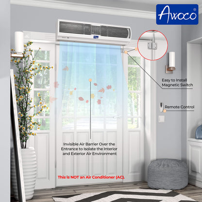 Awoco 36" FM-1209T 1100 CFM Slim Indoor Air Curtain, CE Certified, 120V Unheated with Remote Control and Magnetic Switch, Powerful, Quiet, Small Body, Light Weight
