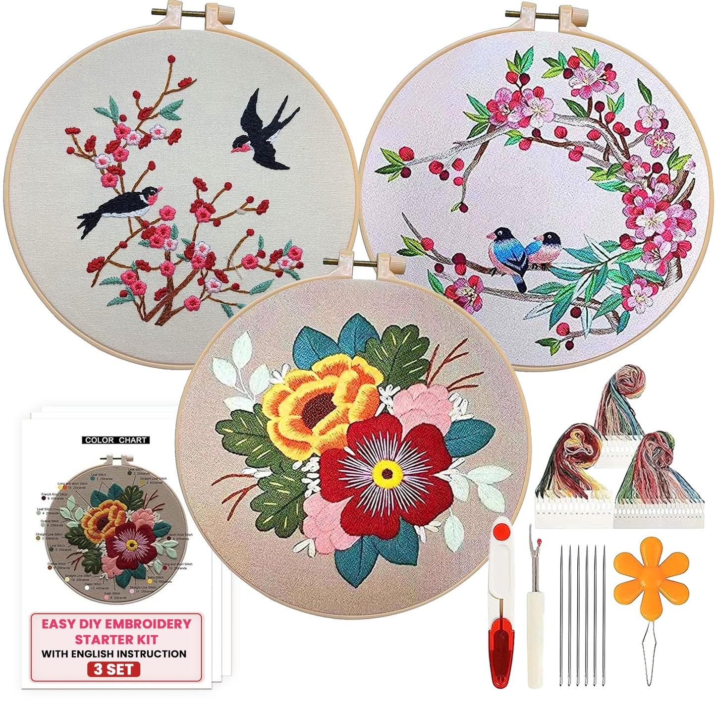 The ZenStore Birds & Flowers Embroidery Kit for Adults – Beginner DIY Hand Embroidery Set with Hoop, Stamped Fabric, Thread & Needles – Floral and Plant Pattern Sewing Craft Kit for Women & Teens