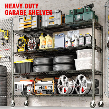 Metal Shelving Unit with Wheels, 72"H x 59"W x 17.7"D Garage Storage Shelves 4-Tier, Heavy Duty 2640LBS, Adjustable, Industrial Wire Rack Shelving Organizer, for Basement Home Office Kitchen, Black