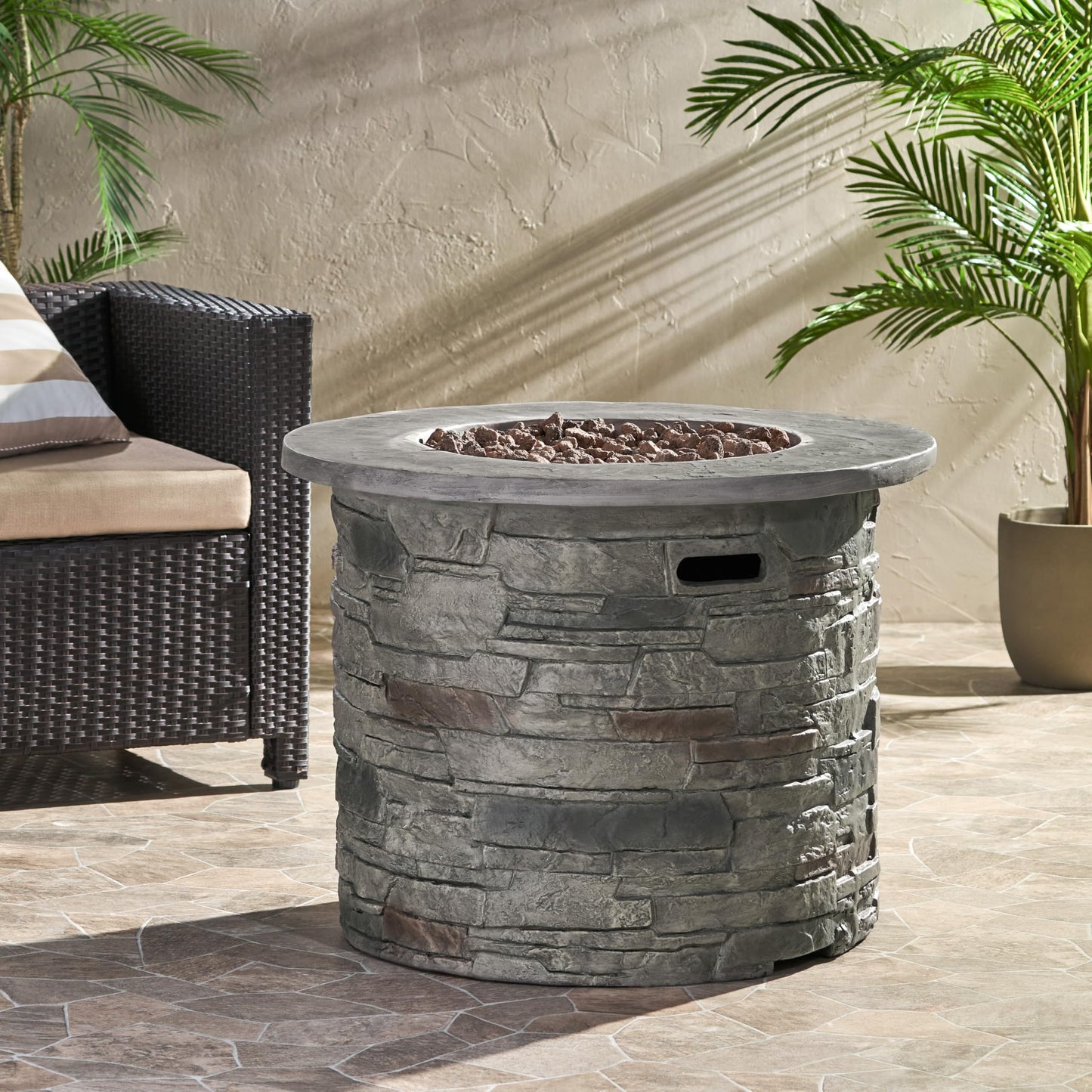 YOPTO Outdoor 32" Round Propane Fire Pit Table,40,000 BTU,MgO Stone Finish with Lightweight Concrete and Natural Stone Finish,Patio Heater for Garden Backyard Deck,Rain Cover,Stone Gray